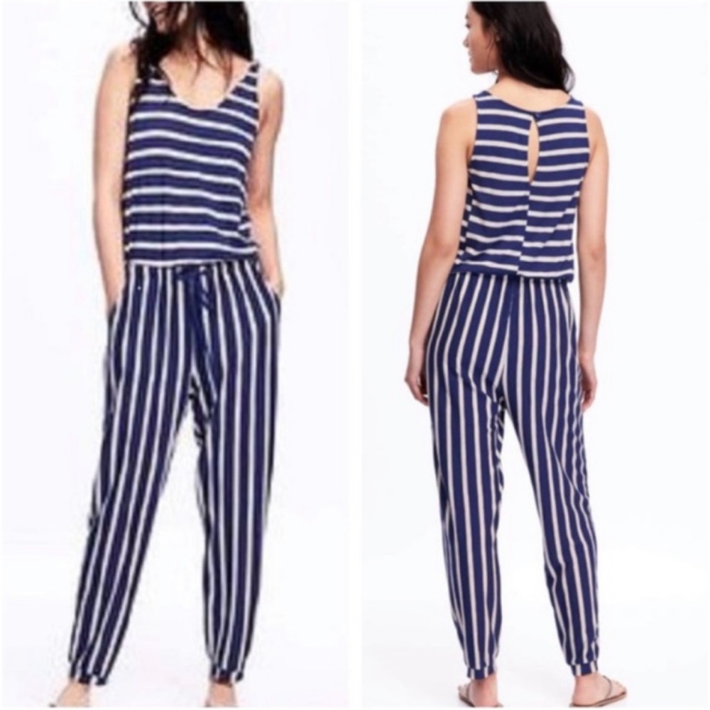 Old Navy Striped Jumpsuit Jogger Medium Blue Cream EUC